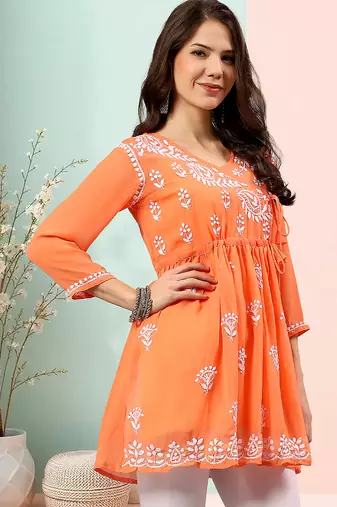 Seva chikan hand embroidered orange georgette lucknowi chikan top with slip scl9247