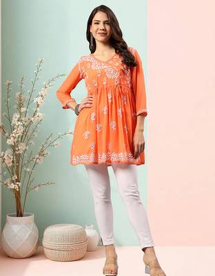 Seva chikan hand embroidered orange georgette lucknowi chikan top with slip scl9247 5