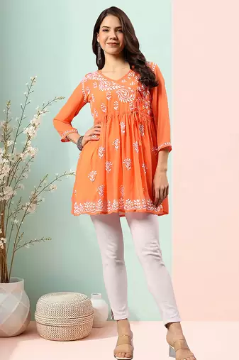Seva chikan hand embroidered orange georgette lucknowi chikan top with slip scl9247