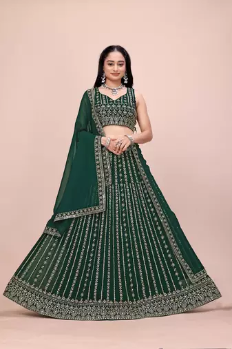 B-GREEN GEORGETTE SUPER EMBRODIERED LEHENGA CHOLI
