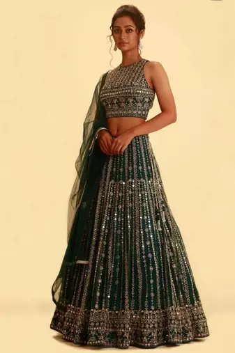 B-GREEN GEORGETTE SUPER EMBRODIERED LEHENGA CHOLI