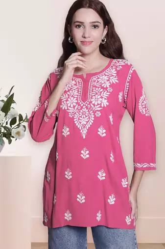 Seva chikan hand embroidered carrot pink rayon lucknowi chikan top scl9236