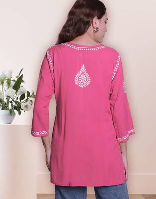 Seva chikan hand embroidered carrot pink rayon lucknowi chikan top scl9236 2