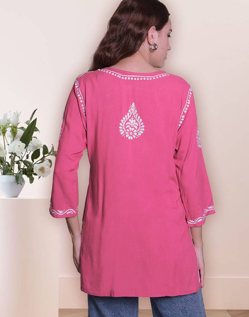 Seva chikan hand embroidered carrot pink rayon lucknowi chikan top scl9236