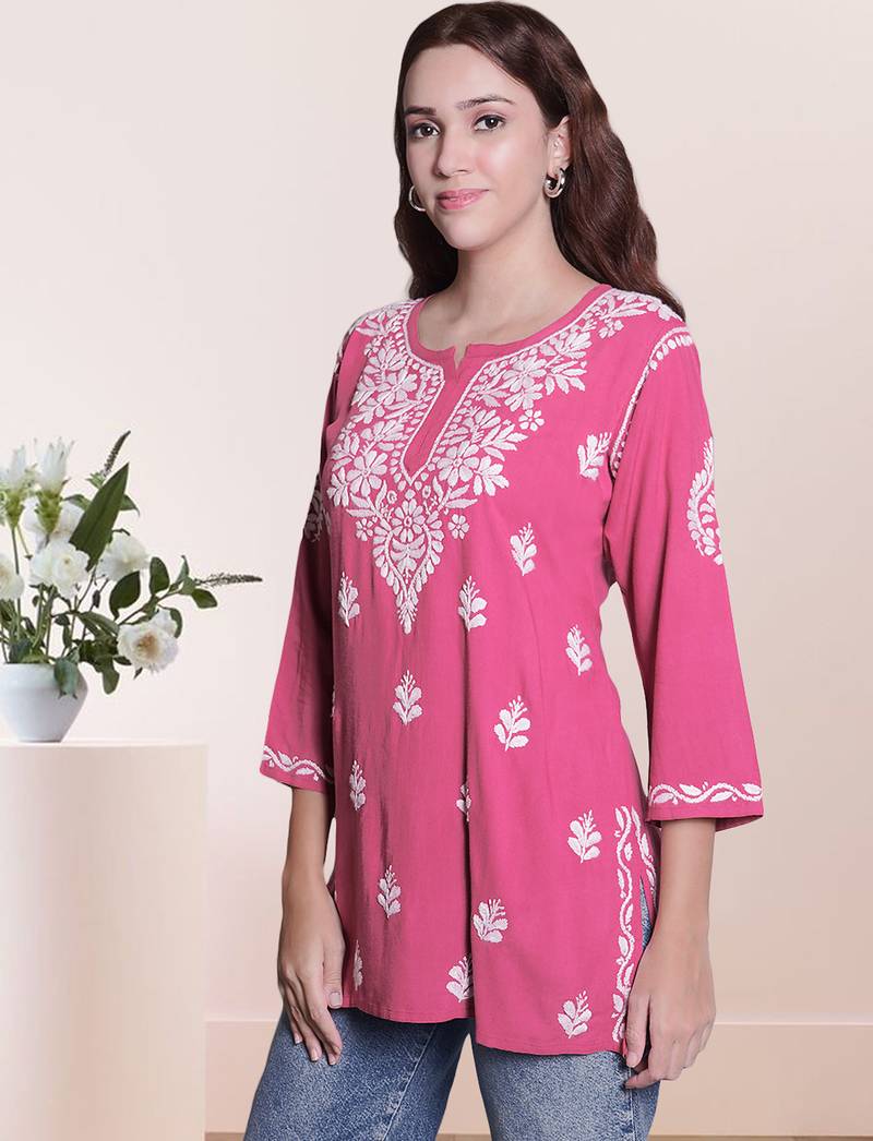 Seva chikan hand embroidered carrot pink rayon lucknowi chikan top scl9236