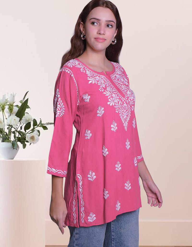Seva chikan hand embroidered carrot pink rayon lucknowi chikan top scl9236
