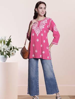 Seva chikan hand embroidered carrot pink rayon lucknowi chikan top scl9236 5