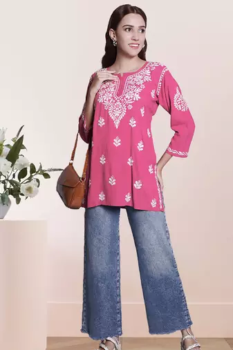 Seva chikan hand embroidered carrot pink rayon lucknowi chikan top scl9236