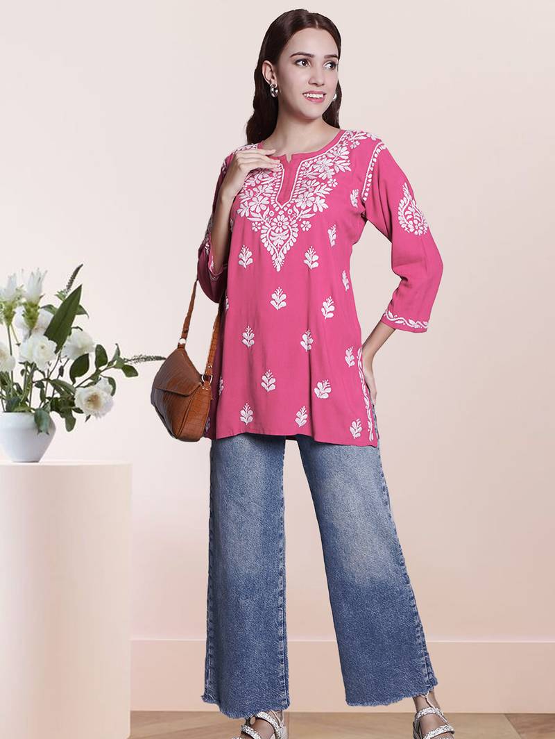 Seva chikan hand embroidered carrot pink rayon lucknowi chikan top scl9236