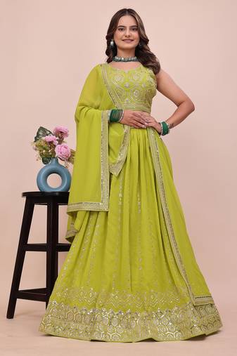 PARROT-GREEN GEORGETTE DESIGNER EMBRORIDRED LEHENGA CHOLI