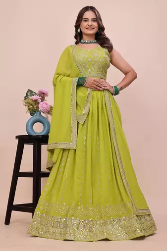 PARROT-GREEN GEORGETTE DESIGNER EMBRORIDRED LEHENGA CHOLI