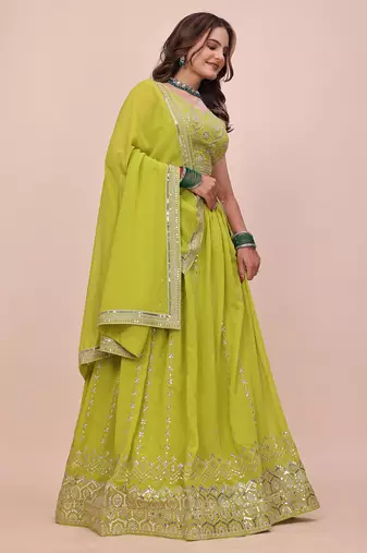 PARROT-GREEN GEORGETTE DESIGNER EMBRORIDRED LEHENGA CHOLI