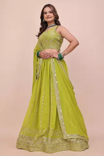 PARROT-GREEN GEORGETTE DESIGNER EMBRORIDRED LEHENGA CHOLI