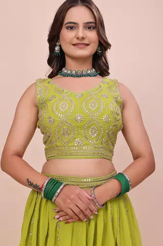 PARROT-GREEN GEORGETTE DESIGNER EMBRORIDRED LEHENGA CHOLI