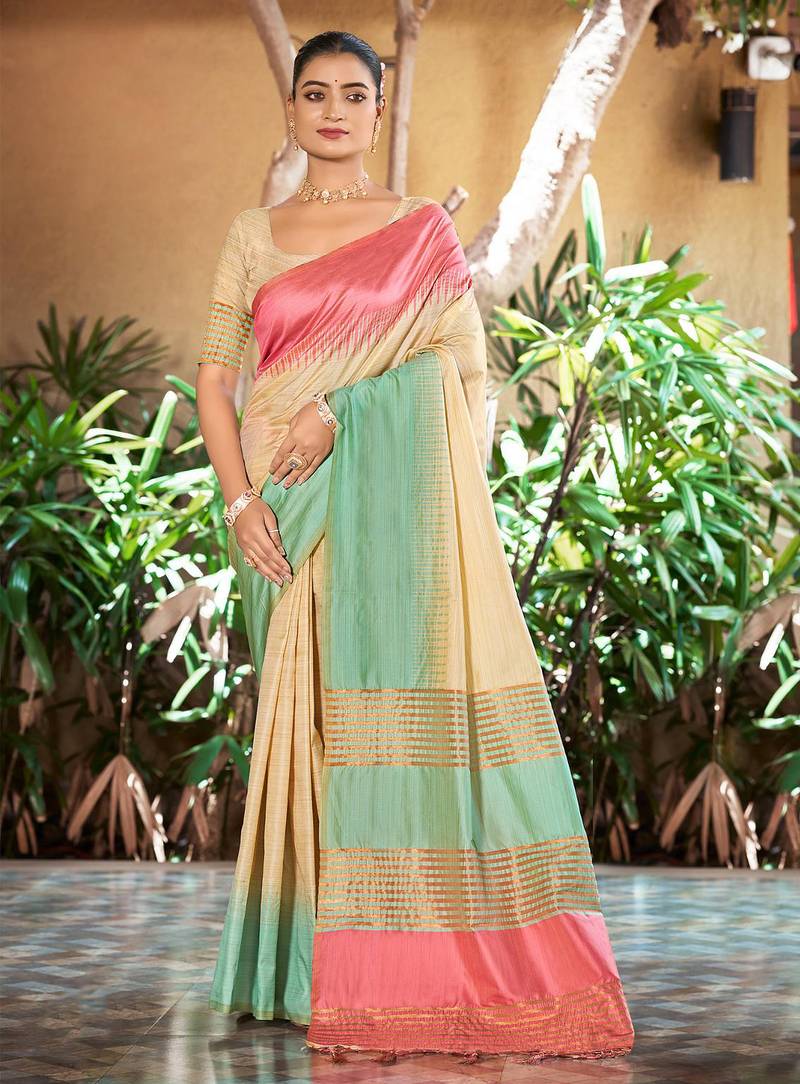 cream mint green smart and ethnic graceful partywear saree for stylish looks