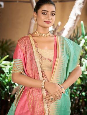 cream mint green smart and ethnic graceful partywear saree for stylish looks 2