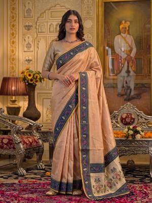peach silk blend fabric saree with sophisticated woven designer 1