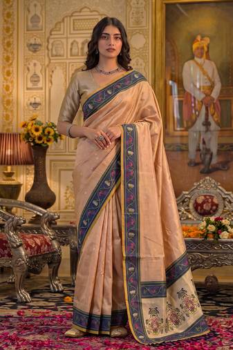 peach silk blend fabric saree with sophisticated woven designer