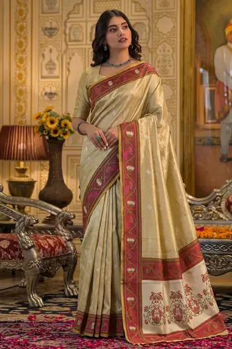 beige silk blend fabric saree with sophisticated woven designer