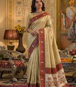 beige silk blend fabric saree with sophisticated woven designer