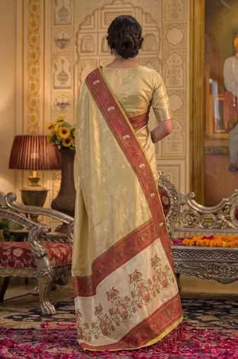 beige silk blend fabric saree with sophisticated woven designer
