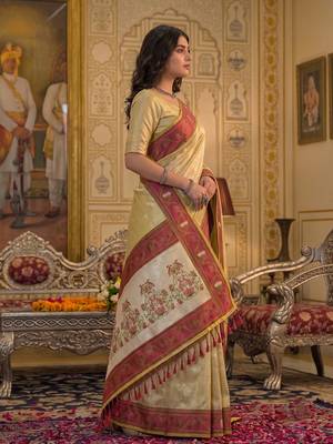 beige silk blend fabric saree with sophisticated woven designer 3