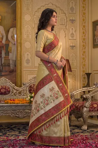 beige silk blend fabric saree with sophisticated woven designer