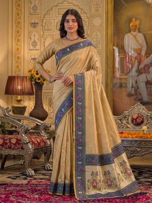 gold silk blend fabric saree with sophisticated woven designer 1