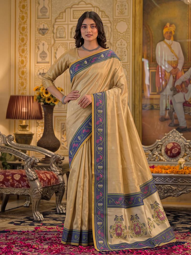 gold silk blend fabric saree with sophisticated woven designer