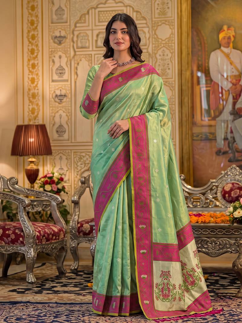 green silk blend fabric saree with sophisticated woven designer
