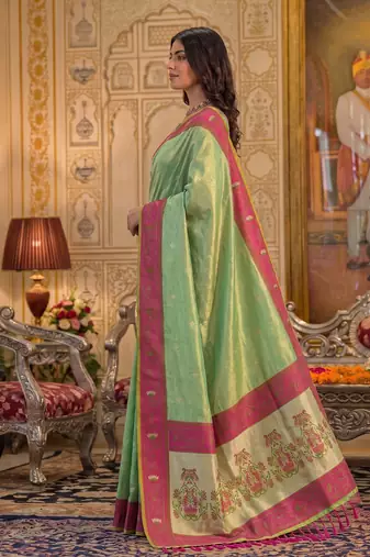 green silk blend fabric saree with sophisticated woven designer