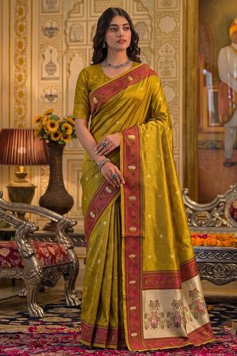 mustard silk blend fabric saree with sophisticated woven designer