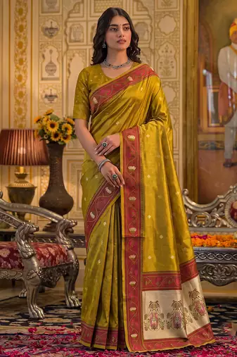 mustard silk blend fabric saree with sophisticated woven designer