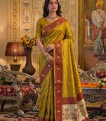 mustard silk blend fabric saree with sophisticated woven designer