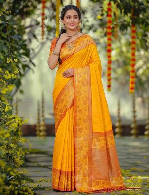 yellow smart woven jari designer ethnic ceremonial silk blend saree 1
