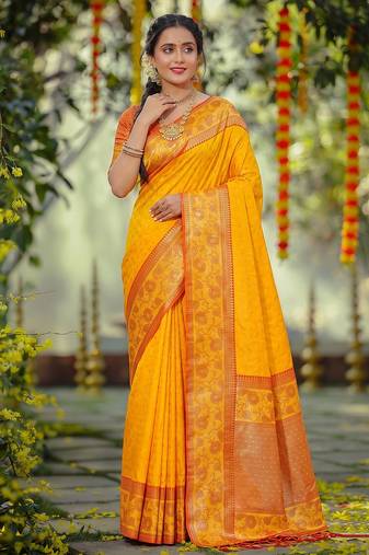 yellow smart woven jari ethnic ceremonial silk blend saree