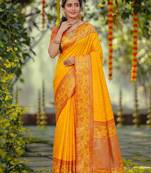 yellow smart woven jari designer ethnic ceremonial silk blend saree