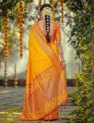 yellow smart woven jari designer ethnic ceremonial silk blend saree 2