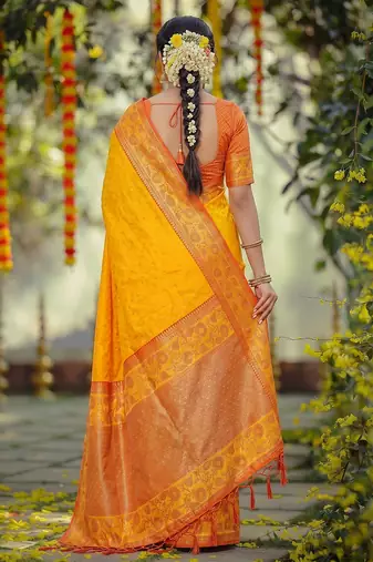 yellow smart woven jari designer ethnic ceremonial silk blend saree