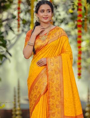 yellow smart woven jari designer ethnic ceremonial silk blend saree 3