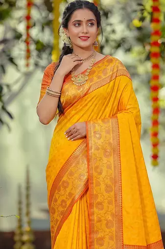 yellow smart woven jari designer ethnic ceremonial silk blend saree