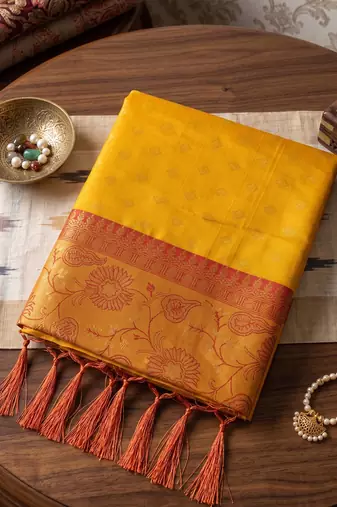 yellow smart woven jari designer ethnic ceremonial silk blend saree