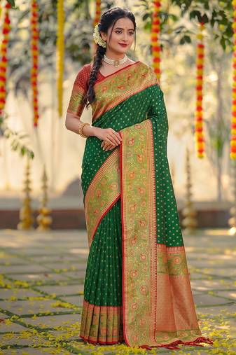 dark green smart woven jari designer ethnic ceremonial silk blend saree