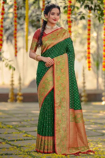 dark green smart woven jari designer ethnic ceremonial silk blend saree