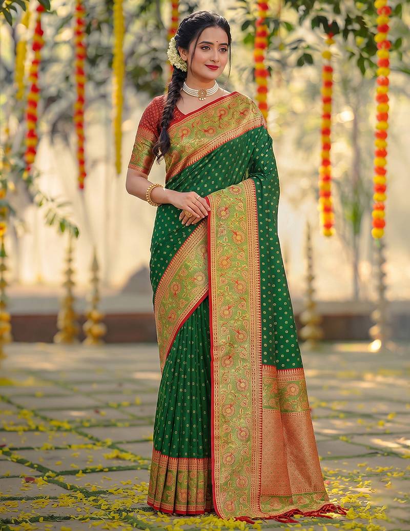 dark green smart woven jari designer ethnic ceremonial silk blend saree