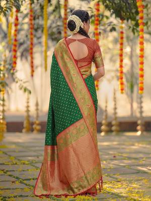 dark green smart woven jari designer ethnic ceremonial silk blend saree 2