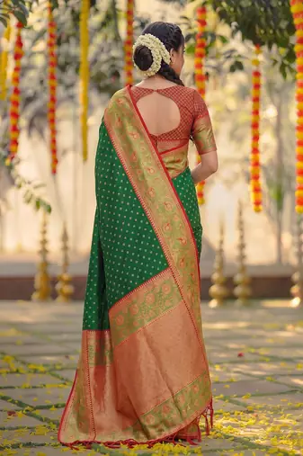 dark green smart woven jari designer ethnic ceremonial silk blend saree