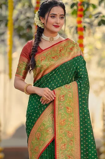 dark green smart woven jari designer ethnic ceremonial silk blend saree