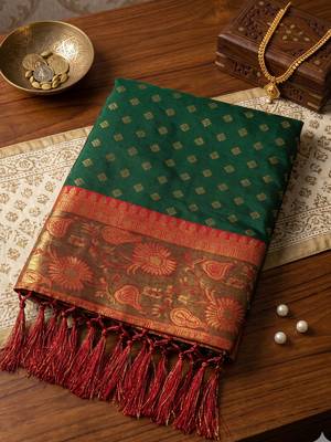 dark green smart woven jari designer ethnic ceremonial silk blend saree 4