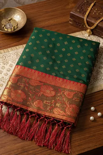 dark green smart woven jari designer ethnic ceremonial silk blend saree